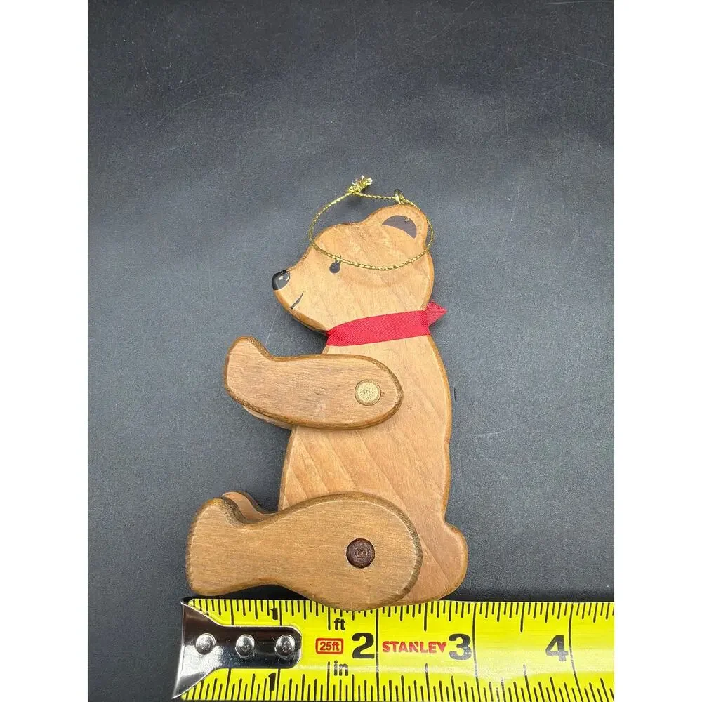 Vintage 1980s Jointed Wooden Teddy Bear Ornaments Set 2 Taiwan 5.5” Poseable